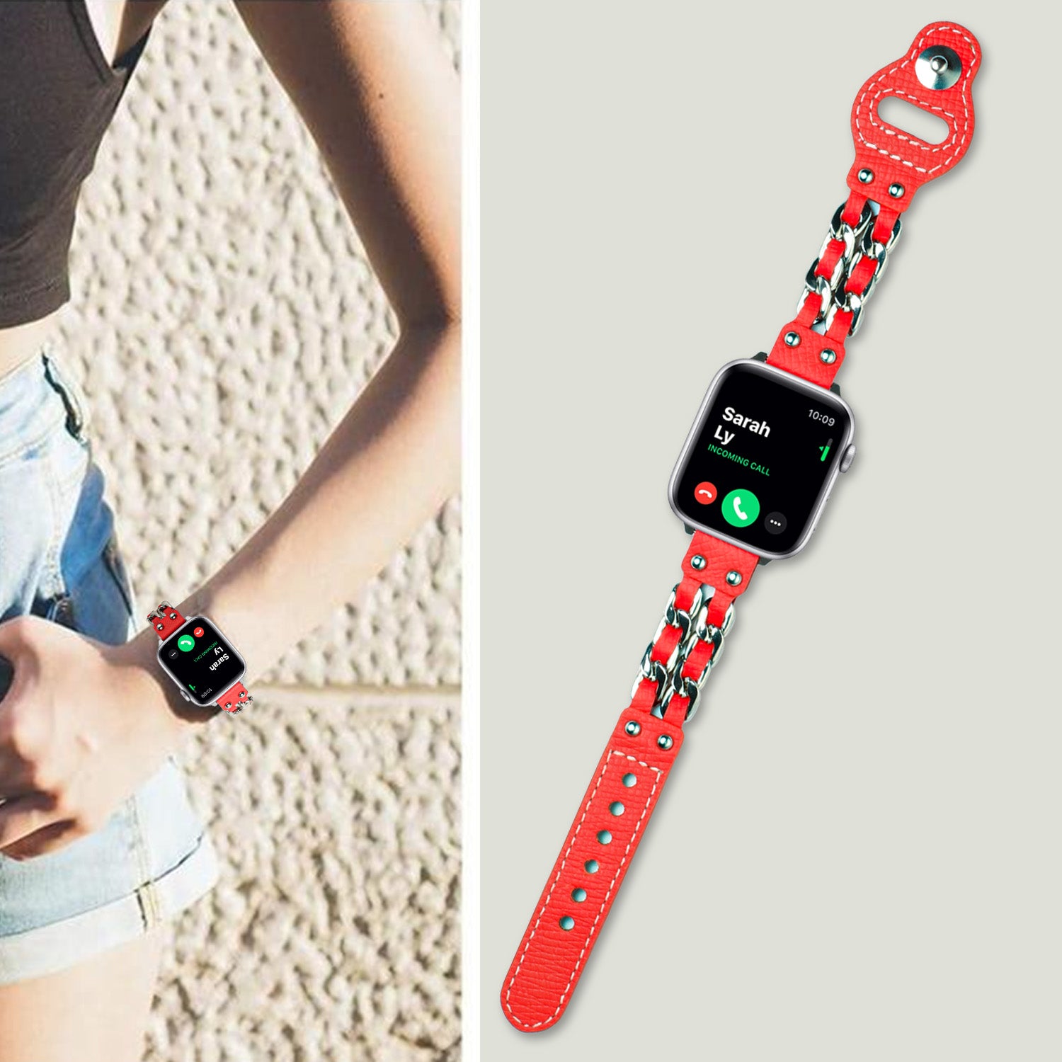 Metal Leather Bracelet Apple Watch Band - Red